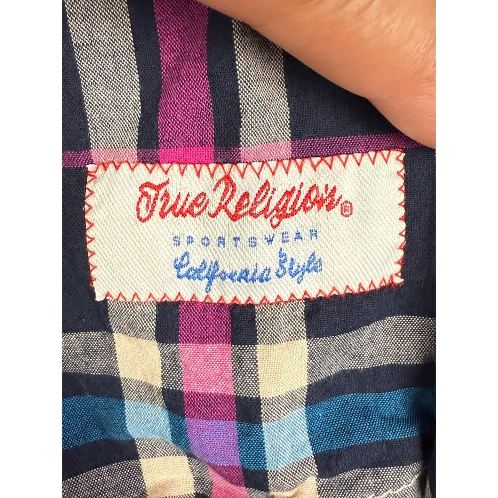 True Religion Rocky Western Long Sleeve‎ Square Pearl Snap Shirt Mens Medium EUC
